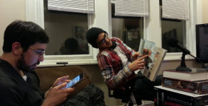 A hipster Greg consults a pajama-ed Ben on indie game art. Art that no one has seen or heard of.